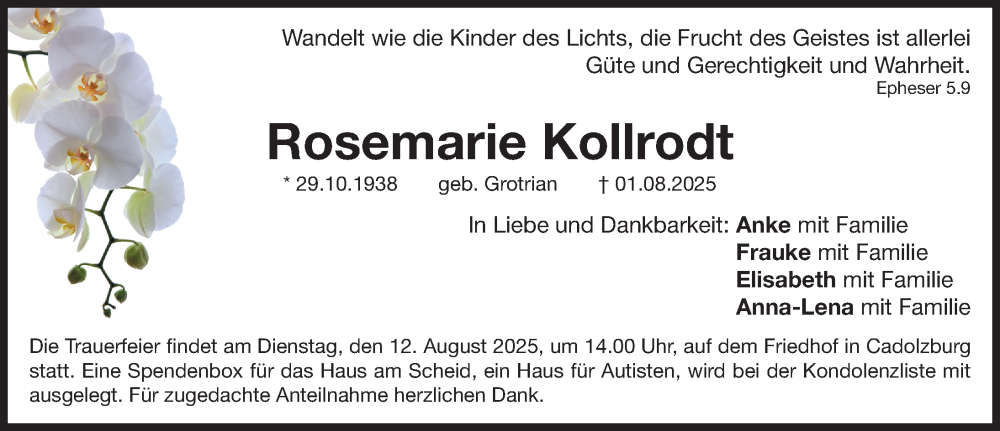  Traueranzeige für Rosemarie Kollrodt vom 09.08.2025 aus Fürther Nachrichten Lokal