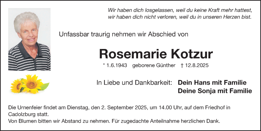  Traueranzeige für Rosemarie Kotzur vom 30.08.2025 aus Fürther Nachrichten Lokal