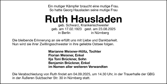 Traueranzeige von Ruth Hausladen von Gesamtausgabe Nürnberger Nachrichten/ Nürnberger Ztg.