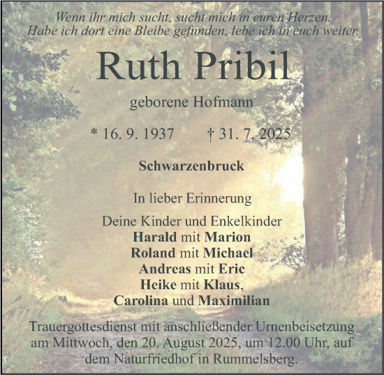 Traueranzeige von Ruth Pribil von Gesamtausgabe Nürnberger Nachrichten/ Nürnberger Ztg.