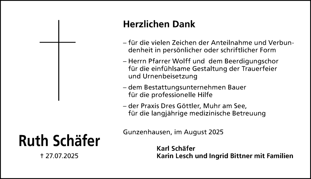  Traueranzeige für Ruth Schäfer vom 20.08.2025 aus Altmühl-Bote Lokal