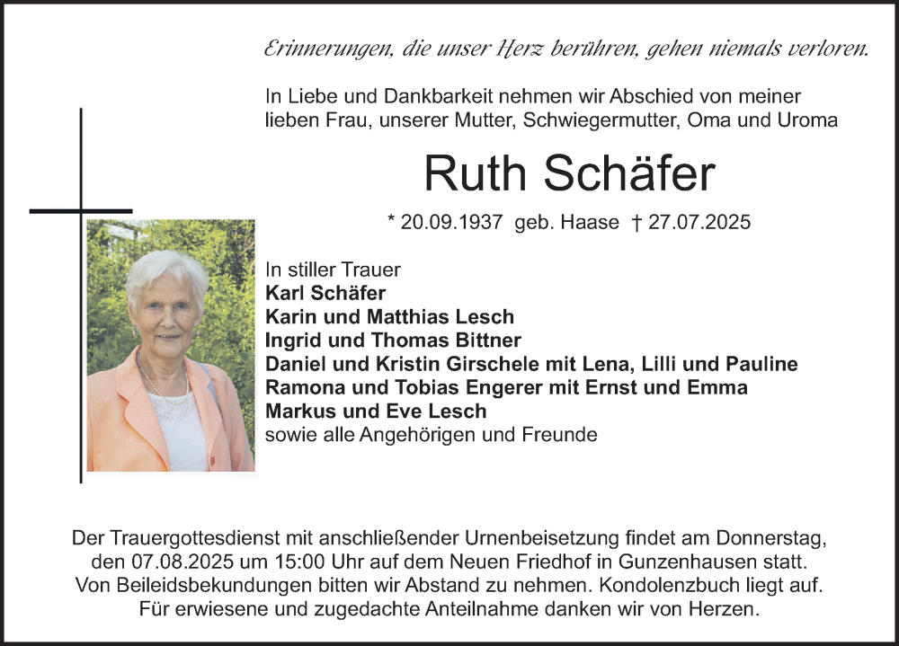  Traueranzeige für Ruth Schäfer vom 05.08.2025 aus Altmühl-Bote Lokal