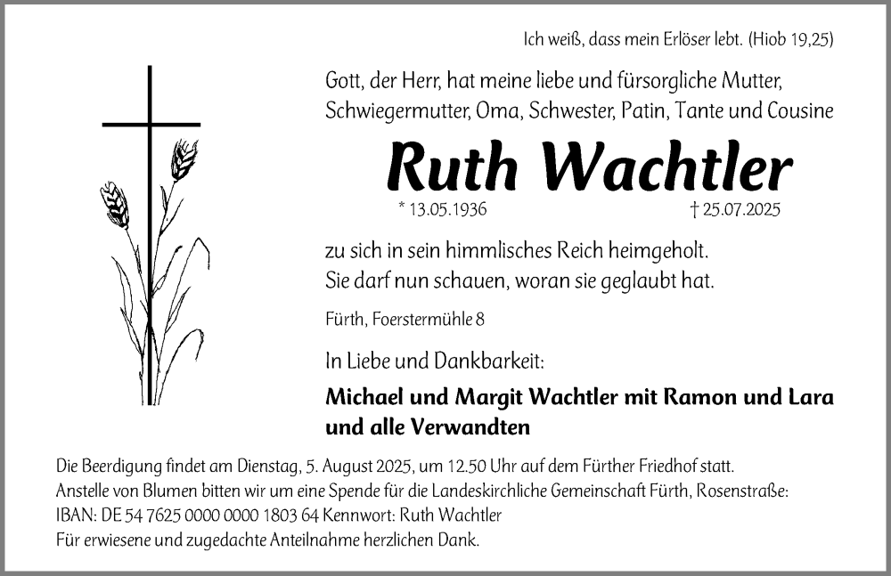  Traueranzeige für Ruth Wachtler vom 02.08.2025 aus Fürther Nachrichten Lokal