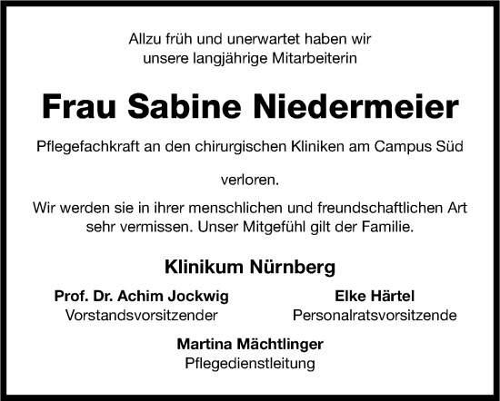 Traueranzeige von Sabine Niedermeier von Gesamtausgabe Nürnberger Nachrichten/ Nürnberger Ztg.