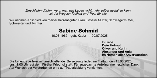 Traueranzeige von Sabine Schmid von Gesamtausgabe Nürnberger Nachrichten/ Nürnberger Ztg./ Fürther Nachrichten