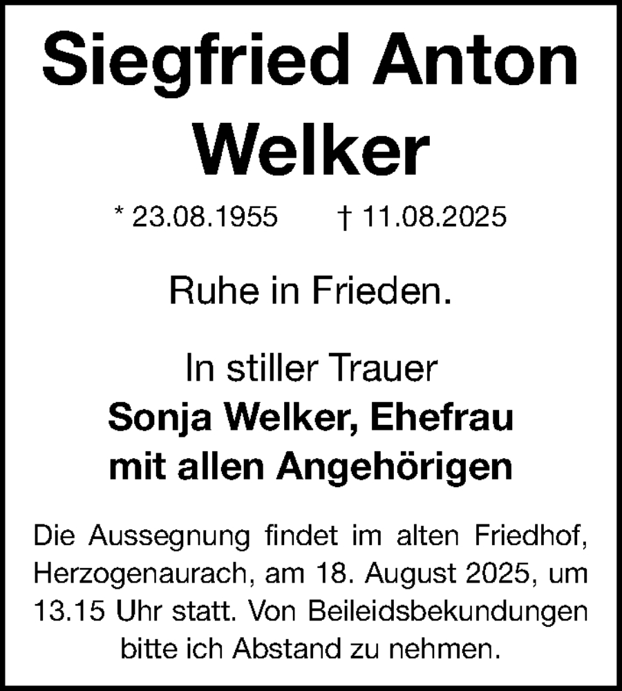  Traueranzeige für Siegfried Anton Welker vom 16.08.2025 aus Nordbayerische Nachrichten Herzogenaurach Lokal