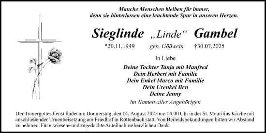 Traueranzeige von Sieglinde Gambel von Erlanger Nachrichten Lokal