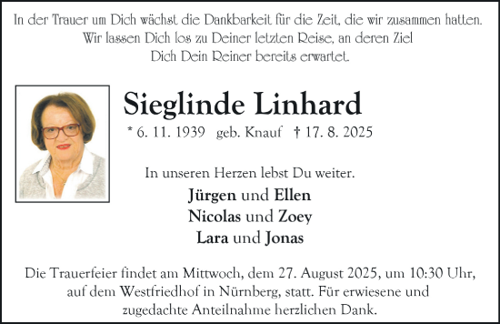 Traueranzeige von Sieglinde Linhard von Gesamtausgabe Nürnberger Nachrichten/ Nürnberger Ztg.