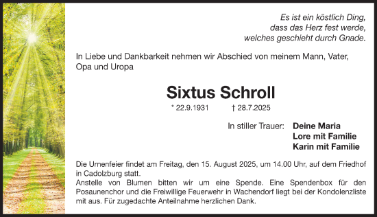 Traueranzeige von Sixtus Schroll von Fürther Nachrichten Lokal