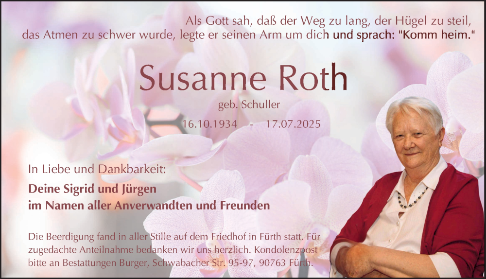  Traueranzeige für Susanne Roth vom 02.08.2025 aus Fürther Nachrichten Lokal