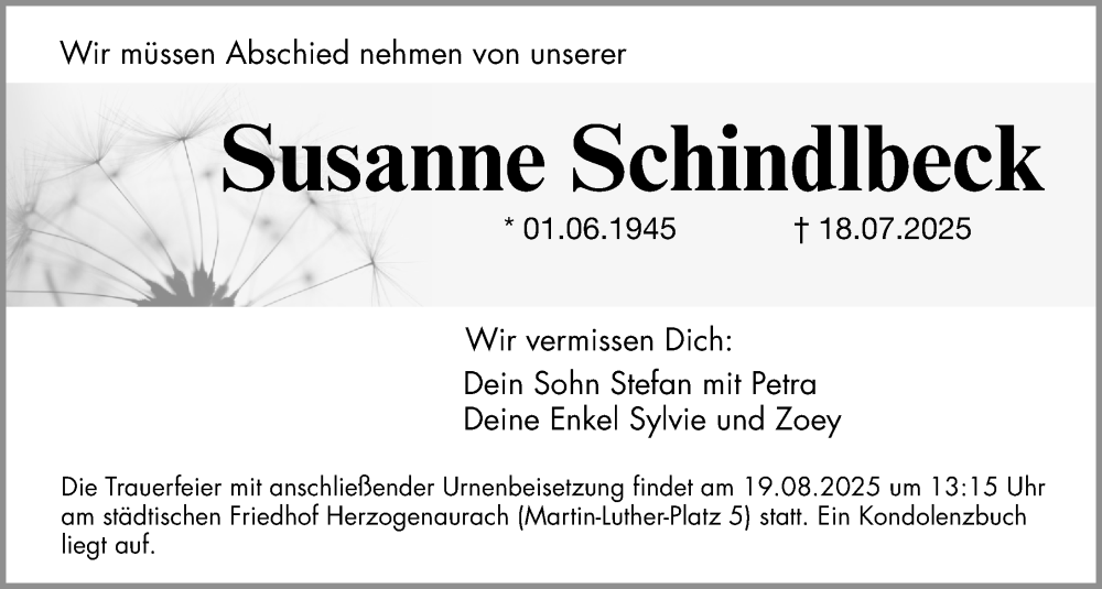  Traueranzeige für Susanne Schindlbeck vom 16.08.2025 aus Gesamtausgabe Nürnberger Nachrichten/ Nürnberger Ztg.