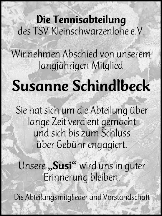 Traueranzeige von Susanne Schindlbeck von Schwabacher Tagblatt Lokal