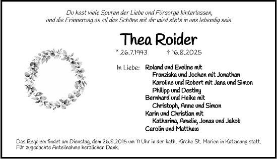 Traueranzeige von Thea Roider von Gesamtausgabe Nürnberger Nachrichten/ Nürnberger Ztg.