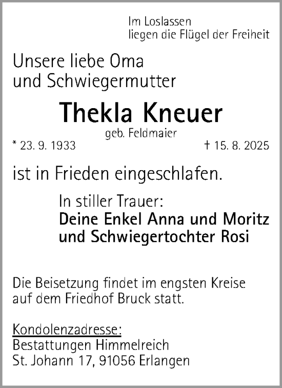 Traueranzeige von Thekla Kneuer von Erlanger Nachrichten Lokal