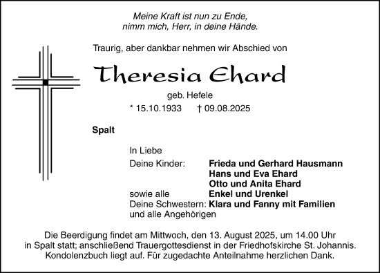 Traueranzeige von Theresia Ehard von Roth-Hilpoltsteiner Volkszeitung Lokal