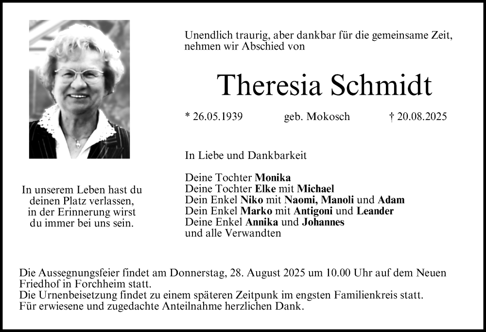  Traueranzeige für Theresia Schmidt vom 23.08.2025 aus Nordbayerische Nachrichten Forchheim Lokal