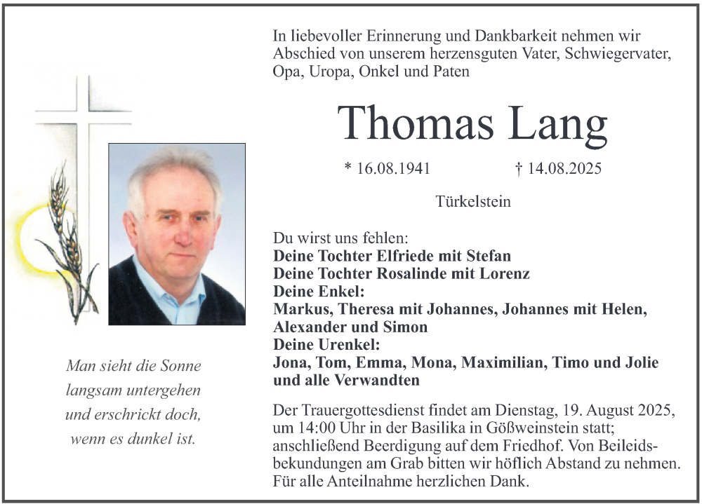 Traueranzeige für Thomas Lang vom 16.08.2025 aus Nordbayerische Nachrichten Forchheim Lokal