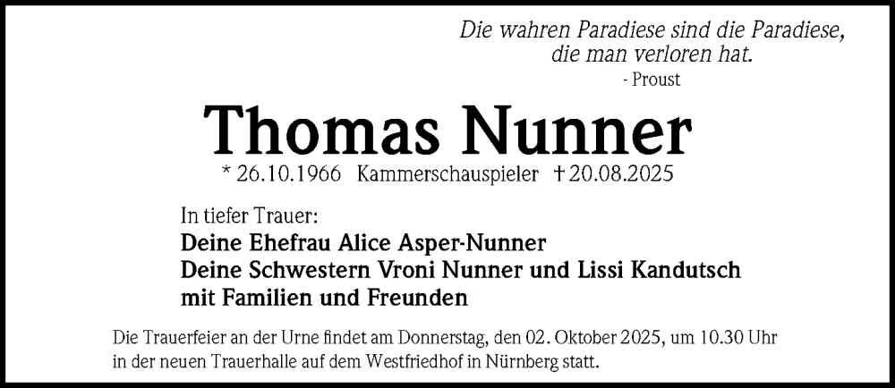  Traueranzeige für Thomas Nunner vom 30.08.2025 aus Gesamtausgabe Nürnberger Nachrichten/ Nürnberger Ztg.