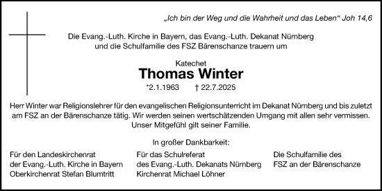 Traueranzeige von Thomas Winter von Gesamtausgabe Nürnberger Nachrichten/ Nürnberger Ztg.