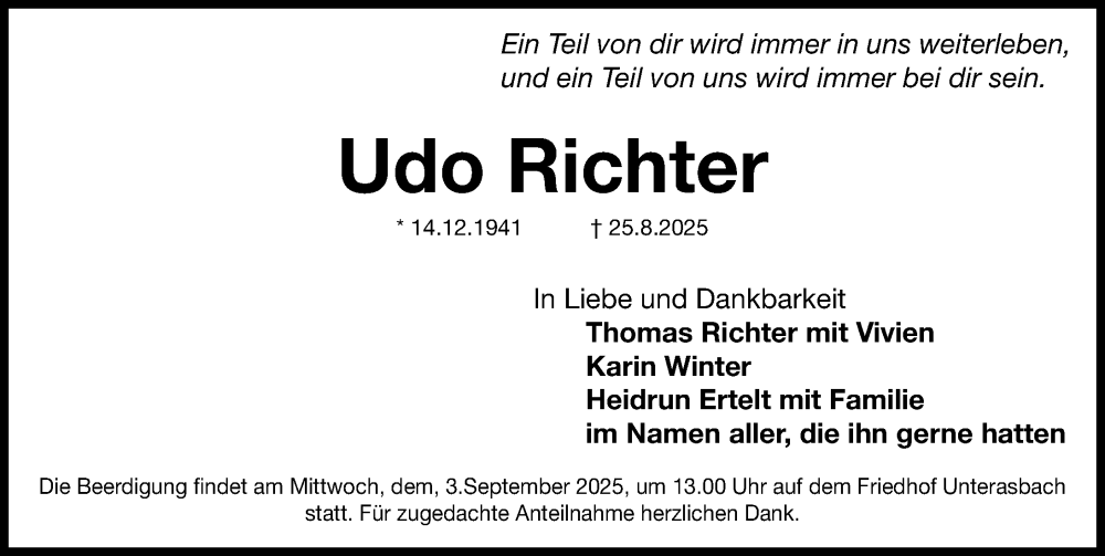  Traueranzeige für Udo Richter vom 30.08.2025 aus Fürther Nachrichten Lokal