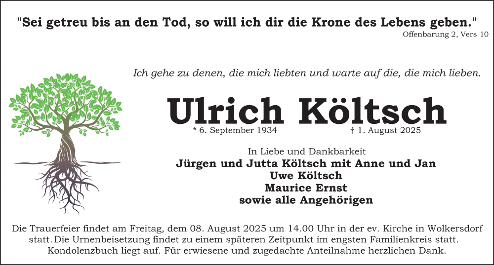  Traueranzeige für Ulrich Költsch vom 06.08.2025 aus Schwabacher Tagblatt Lokal