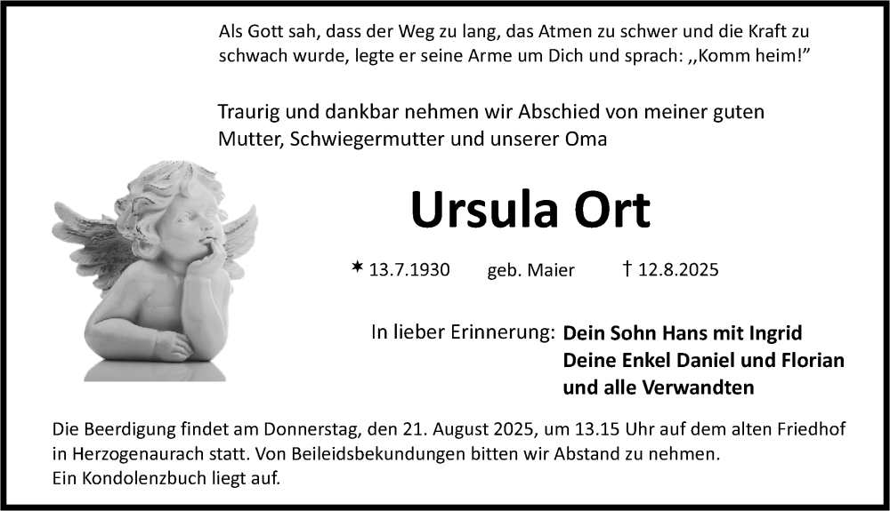  Traueranzeige für Ursula Ort vom 16.08.2025 aus Nordbayerische Nachrichten Herzogenaurach Lokal