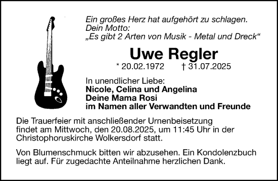 Traueranzeige von Uwe Regler von Gesamtausgabe Nürnberger Nachrichten/ Nürnberger Ztg.