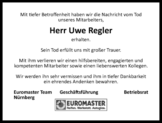 Traueranzeige von Uwe Regler von Gesamtausgabe Nürnberger Nachrichten/ Nürnberger Ztg.
