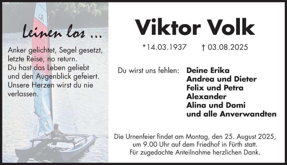  Traueranzeige für Viktor Volk vom 16.08.2025 aus Fürther Nachrichten Lokal