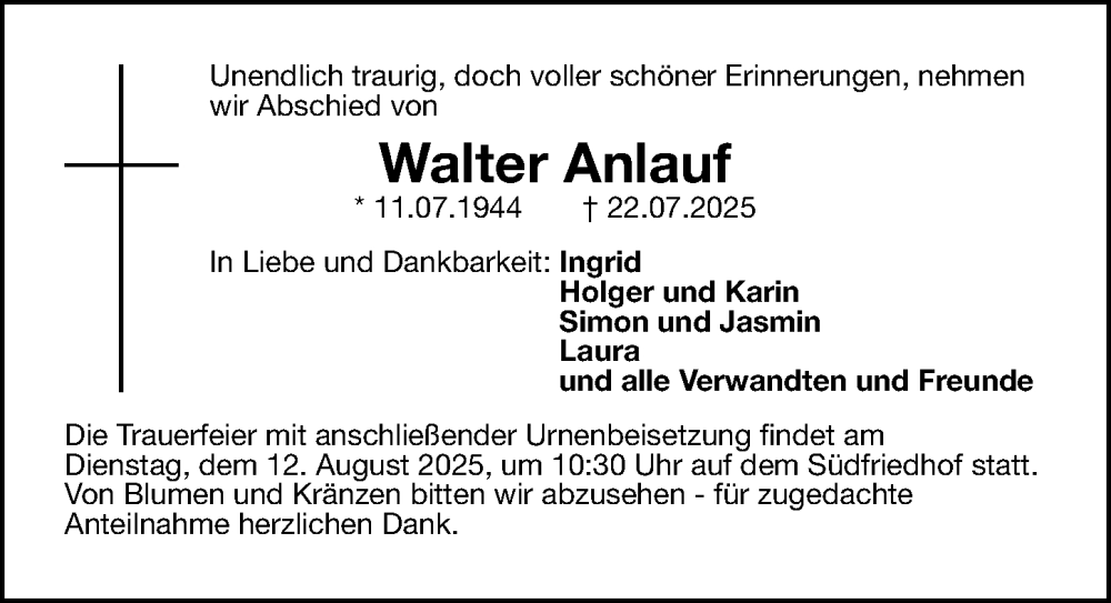 Traueranzeige für Walter Anlauf vom 02.08.2025 aus Gesamtausgabe Nürnberger Nachrichten/ Nürnberger Ztg.