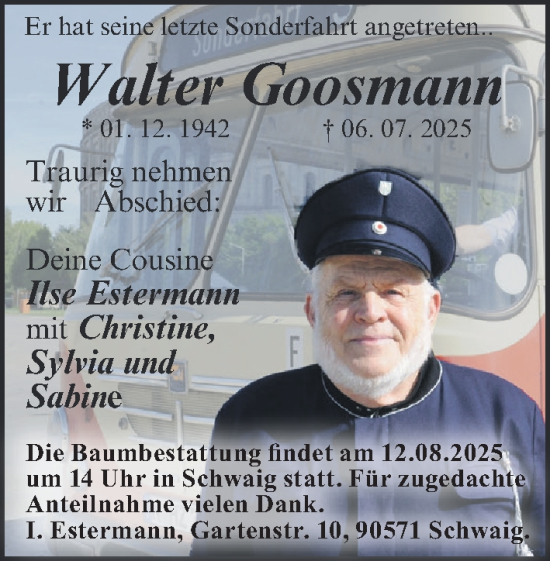Traueranzeige von Walter Goosmann von Gesamtausgabe Nürnberger Nachrichten/ Nürnberger Ztg.