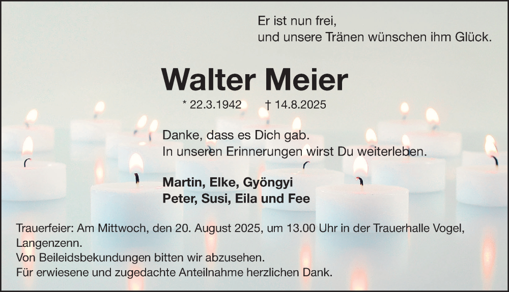  Traueranzeige für Walter Meier vom 19.08.2025 aus Fürther Nachrichten Lokal