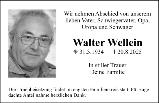 Traueranzeige von Walter Wellein von Erlanger Nachrichten Lokal