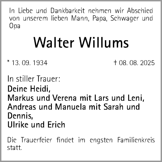 Traueranzeige von Walter Willums von Gesamtausgabe Nürnberger Nachrichten/ Nürnberger Ztg.