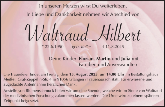 Traueranzeige von Waltraud Hilbert von Erlanger Nachrichten Lokal