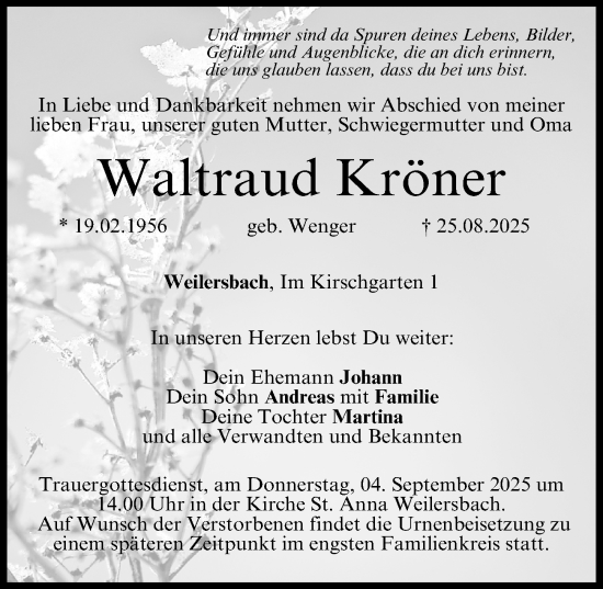 Traueranzeige von Waltraud Kröner von Nordbayerische Nachrichten Forchheim Lokal