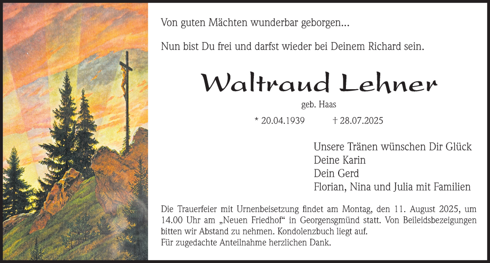  Traueranzeige für Waltraud Lehner vom 09.08.2025 aus Roth-Hilpoltsteiner Volkszeitung Lokal
