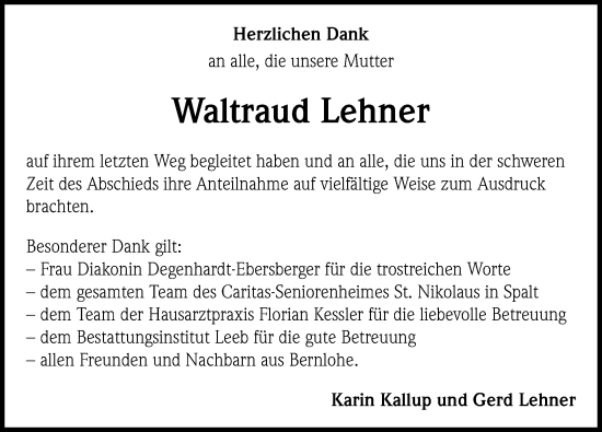 Traueranzeige von Waltraud Lehner von Roth-Hilpoltsteiner Volkszeitung Lokal
