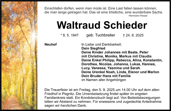 Traueranzeige von Waltraud Schieder von Nordbayerische Nachrichten Pegnitz Lokal