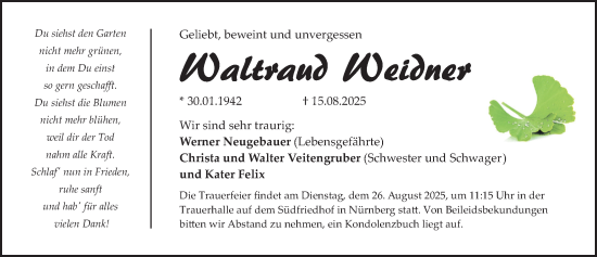 Traueranzeige von Waltraud Weidner von Gesamtausgabe Nürnberger Nachrichten/ Nürnberger Ztg.