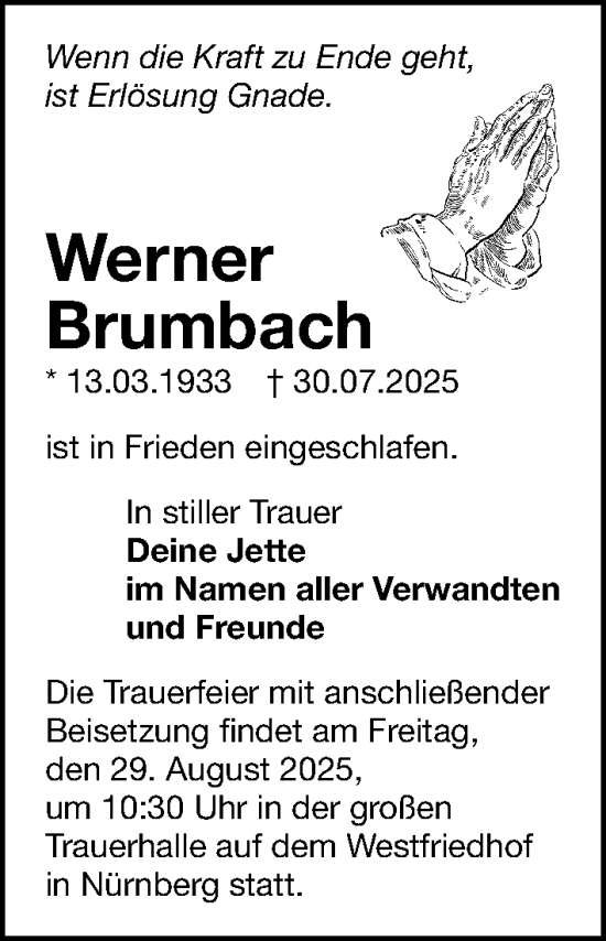 Traueranzeige von Werner Brumbach von Gesamtausgabe Nürnberger Nachrichten/ Nürnberger Ztg.