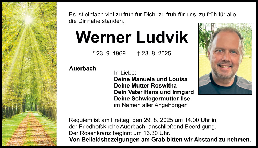  Traueranzeige für Werner Ludvik vom 27.08.2025 aus Nordbayerische Nachrichten Pegnitz Lokal