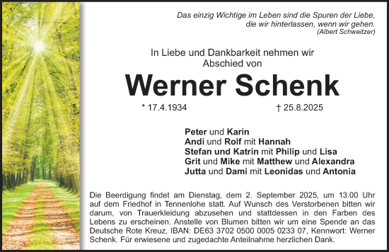 Traueranzeige von Werner Schenk von Erlanger Nachrichten Lokal