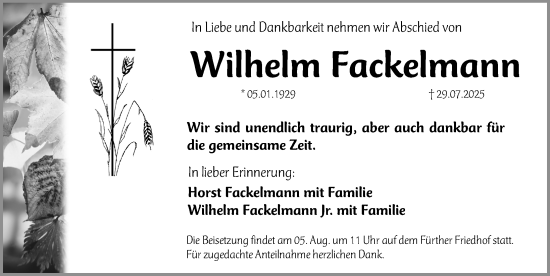 Traueranzeige von Wilhelm Fackelmann von Fürther Nachrichten Lokal