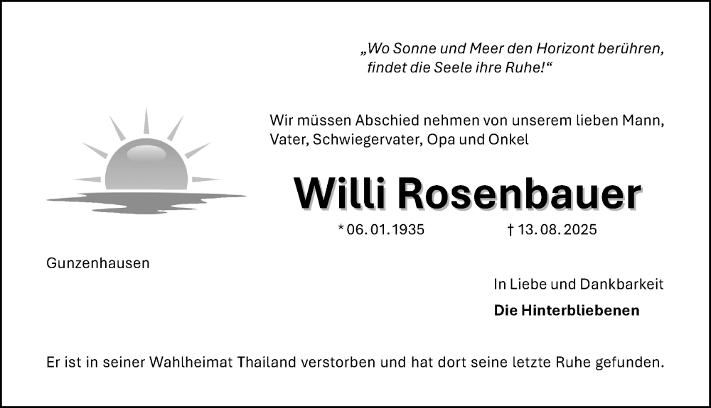  Traueranzeige für Willi Rosenbauer vom 23.08.2025 aus Altmühl-Bote Lokal