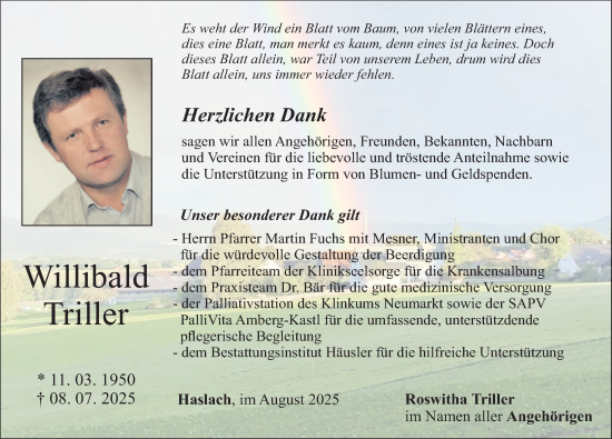 Traueranzeige von Willibald Triller von Neumarkter Nachrichten Lokal