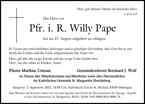 Traueranzeige von Willy Pape von Gesamtausgabe Nürnberger Nachrichten/ Nürnberger Ztg.