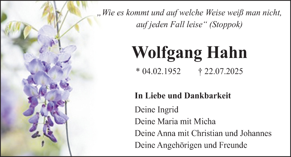  Traueranzeige für Wolfgang Hahn vom 02.08.2025 aus HFO,HST