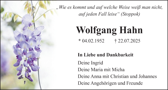 Traueranzeige von Wolfgang Hahn von HFO,HST