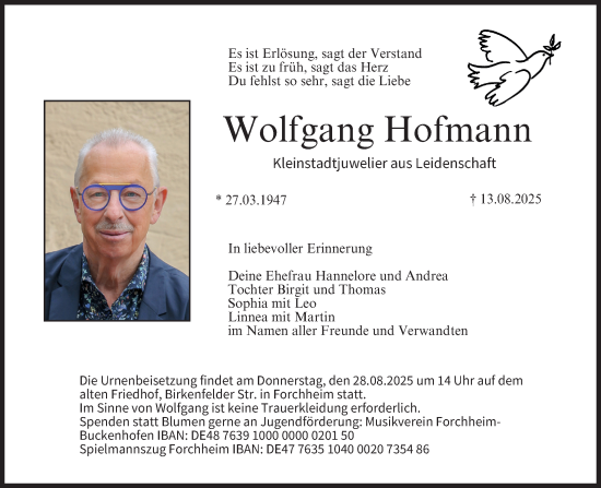 Traueranzeige von Wolfgang Hofmann von Nordbayerische Nachrichten Forchheim Lokal